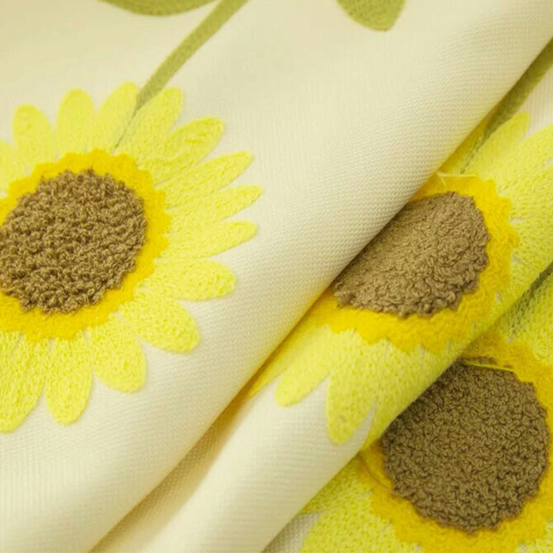 Decoration Polyester Embroidery Bright Sunflowers Sweet Style Sheer Lining Curtain Set