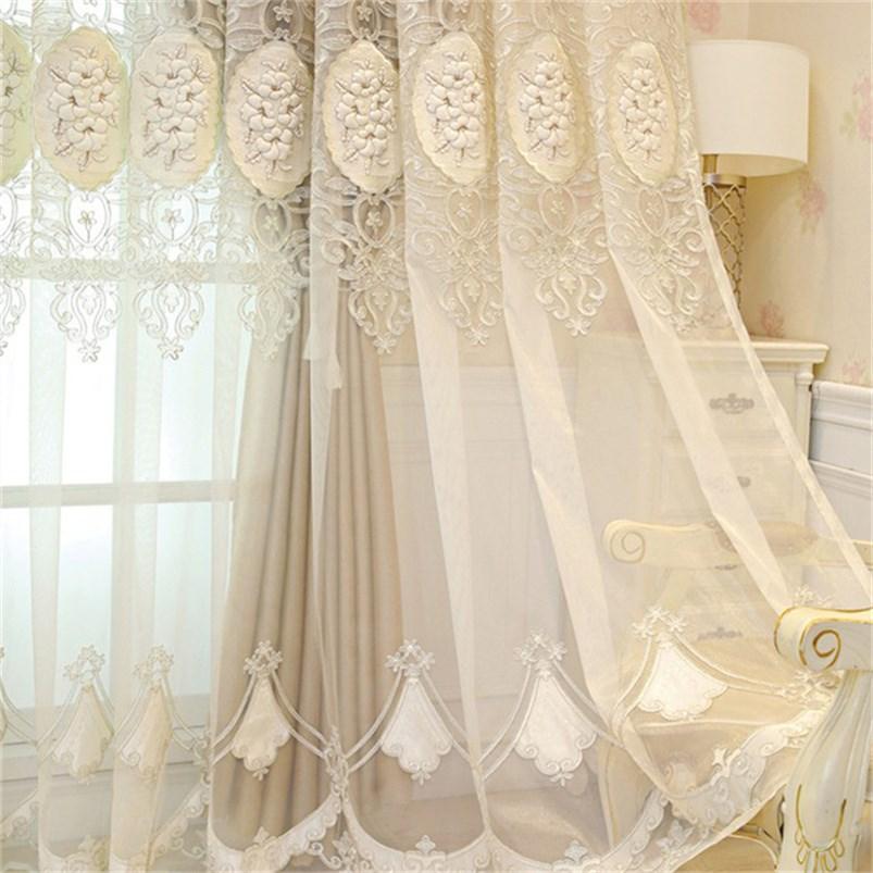 European Double Window Curtain Set Floral Embroidery Curtain Sheer and Lining Blackout Curtains for Living Room Bedroom 2 Panels Drapes Decoration