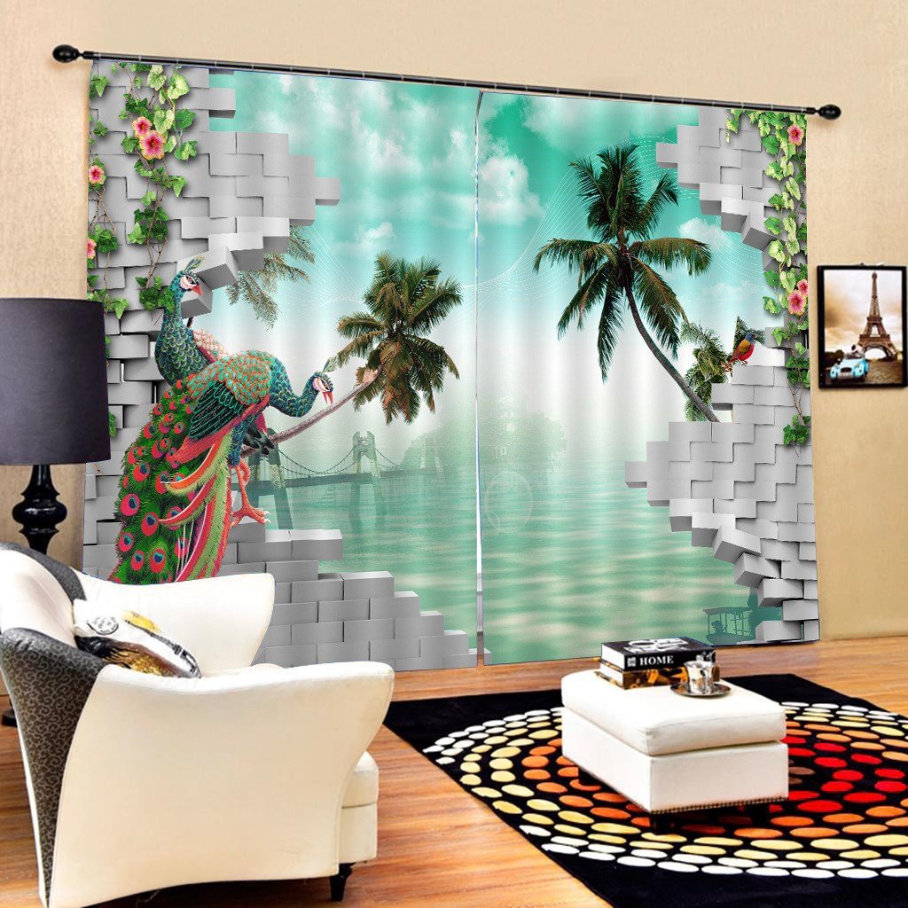 Peacock and Sea Pattern 3D Animal Curtains Blackout Curtains 2 Panels Window Treatments for Living Room Bedroom Window Drapes Home Decorations