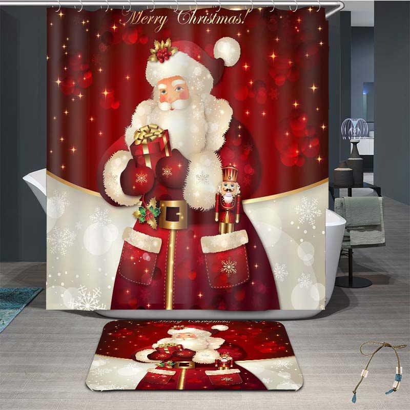 3D Father Christmas Painted Waterproof Shower Curtain Set for Shower Stall and Bathtub