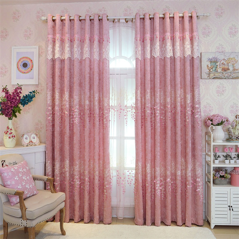 Romantic Pink Color Pastoral Style Embroidered Shading Curtain and Sheer for Bedroom Living Room Finished Product Shading Cloth