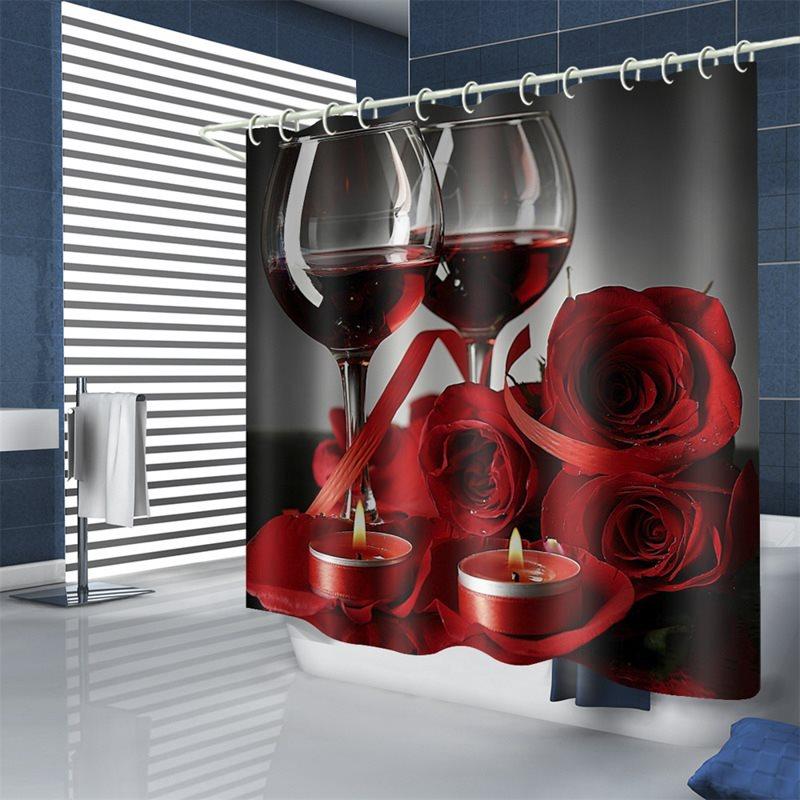 3D Shower Curtain Red Wine Cup and rose Bathroom Partition Curtain Set Durable Waterproof Mildew Proof Polyester