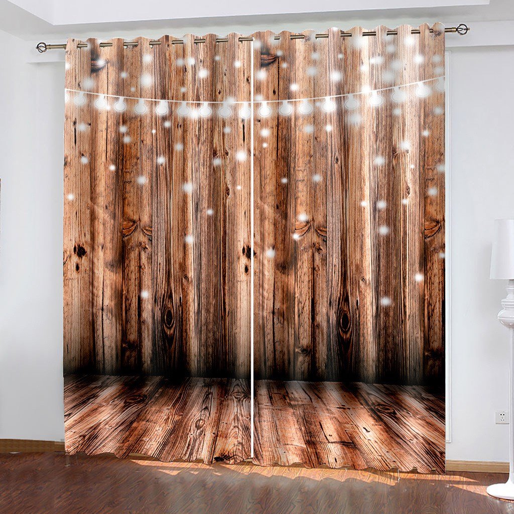 3D Window Curtains Wooden and Light Print Blackout Curtains for Living Room Bedroom Window Drapes Chirstmas 2 Panels Set