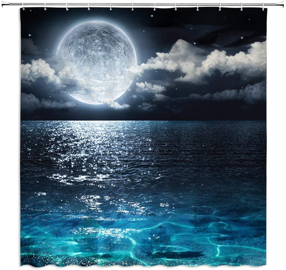 3D Printed Night Sky Window Curtains Modern Polyester Decoration Blackout Full Moon and Foggy Clouds with Turquoise Glass Like Sea Ocean Print