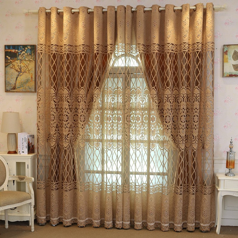 New European Elegant Floral Embroidery Gold Brown Double Shading Curtains Luxurious Hollow Curtains for Living Room Bedroom Decoration Custom 2 Panels Drapes Polyester Blend