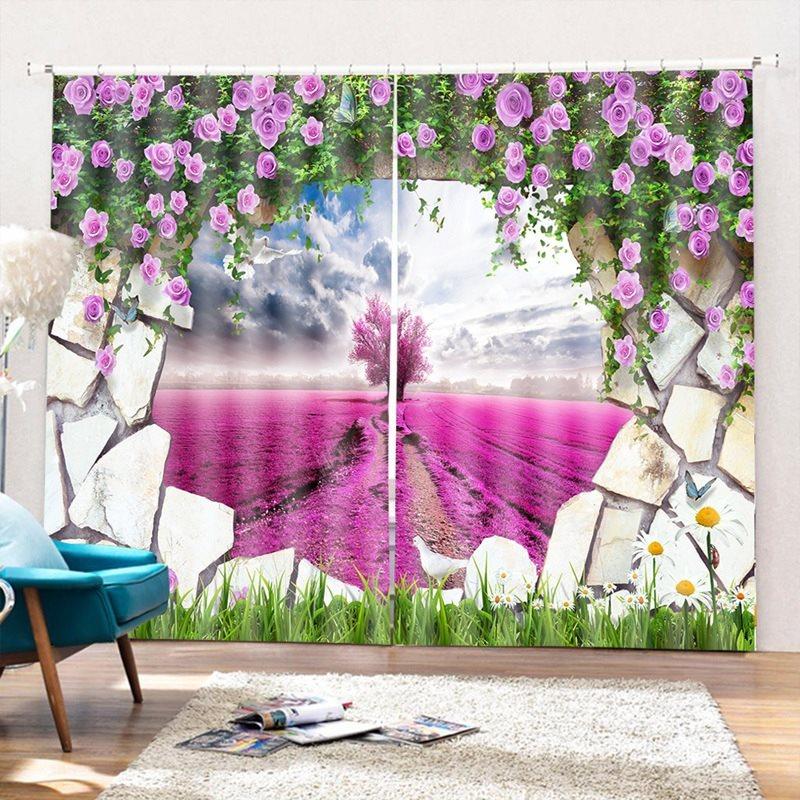 Pink Rose Flowers Curtains Sea of Lavender 3D Floral Themed Curtains Drapes 2 Panel Set for Living Room Bedroom Decoration Window