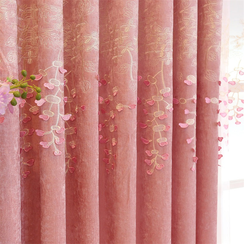 Romantic Pink Color Pastoral Style Embroidered Shading Curtain and Sheer for Bedroom Living Room Finished Product Shading Cloth