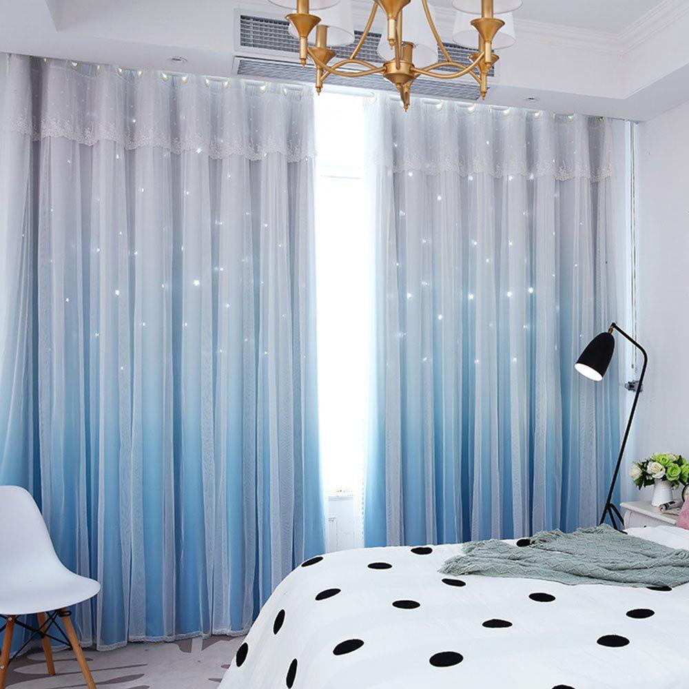 Romantic Princess Color Gradient Star Hollowed-out Custom Blackout Curtain Cloth and Sheer Sewing Together Curtain Set