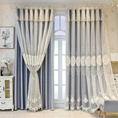 European Double Window Curtain Set Floral Embroidery Curtain Sheer and Lining Blackout Curtains for Living Room Bedroom 2 Panels Drapes Decoration