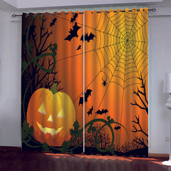 3D Yellow Halloween Pumpkin Spider Web Printed Blackout Decoration Window Curtains for Living Room and Bedroom Custom 2 Panels Drapes No Pilling No Fading No off-lining