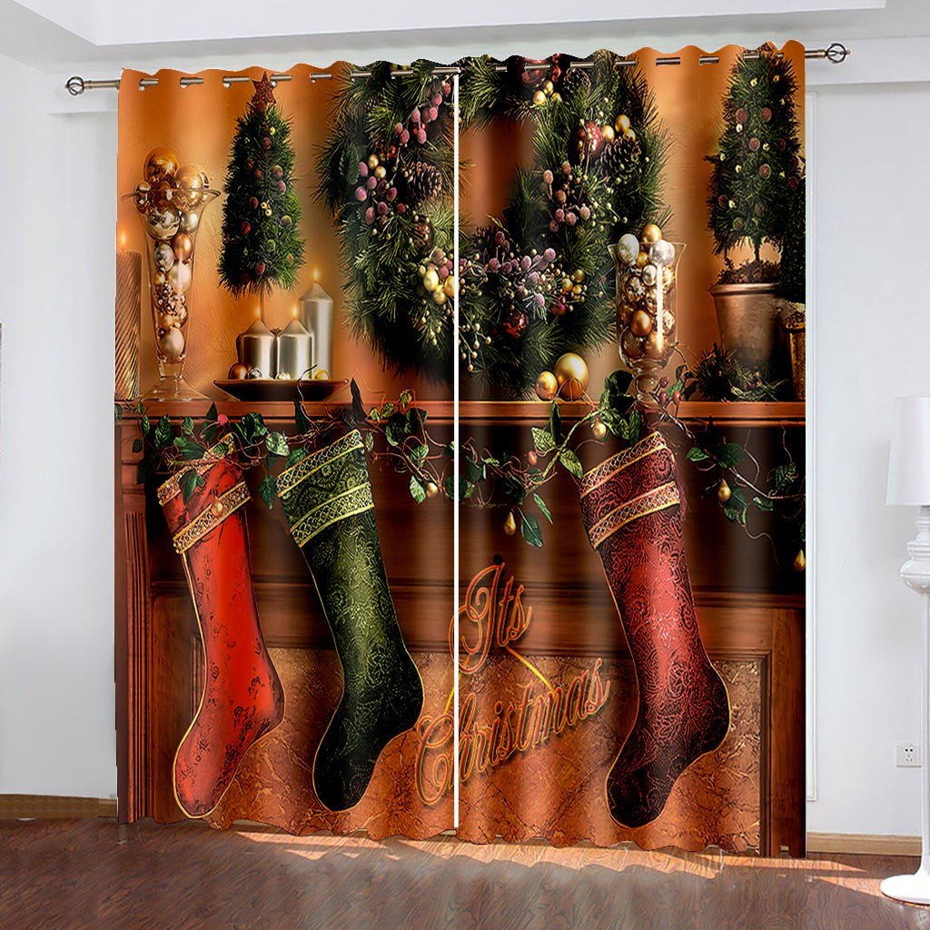 Christmas Trees and Socks Christmas 3D Curtains Xmas Red Print Living Room Bedroom Window Drapes 2 Panel Set