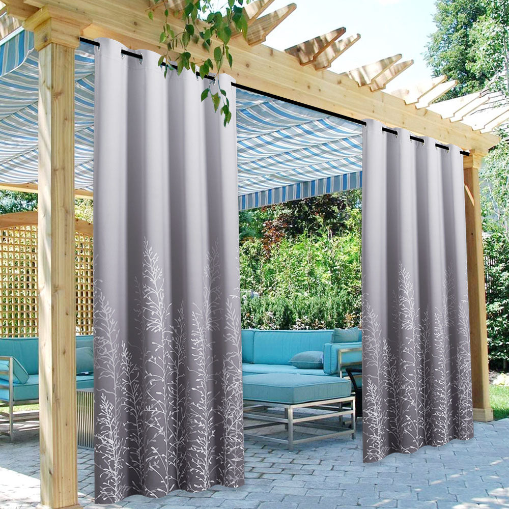 Modern Outdoor Curtains Gradient Gray Plant Pattern Grommet Top Cabana Curtain Waterproof Sun-proof Heat-insulating 1 Panel