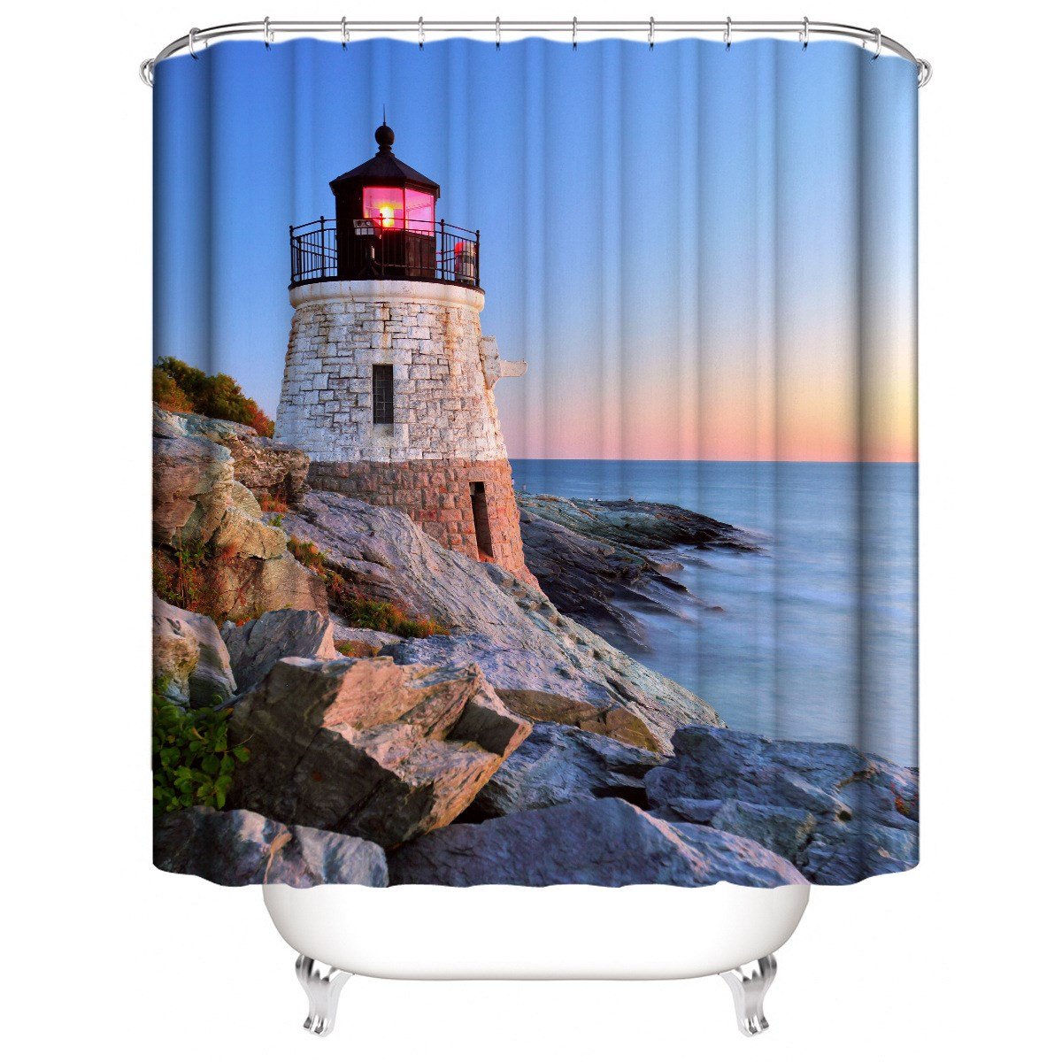 3D Shower Curtain Lighthouse Pattern Bathroom Partition Curtain Set Durable Waterproof Mildew Proof Polyester