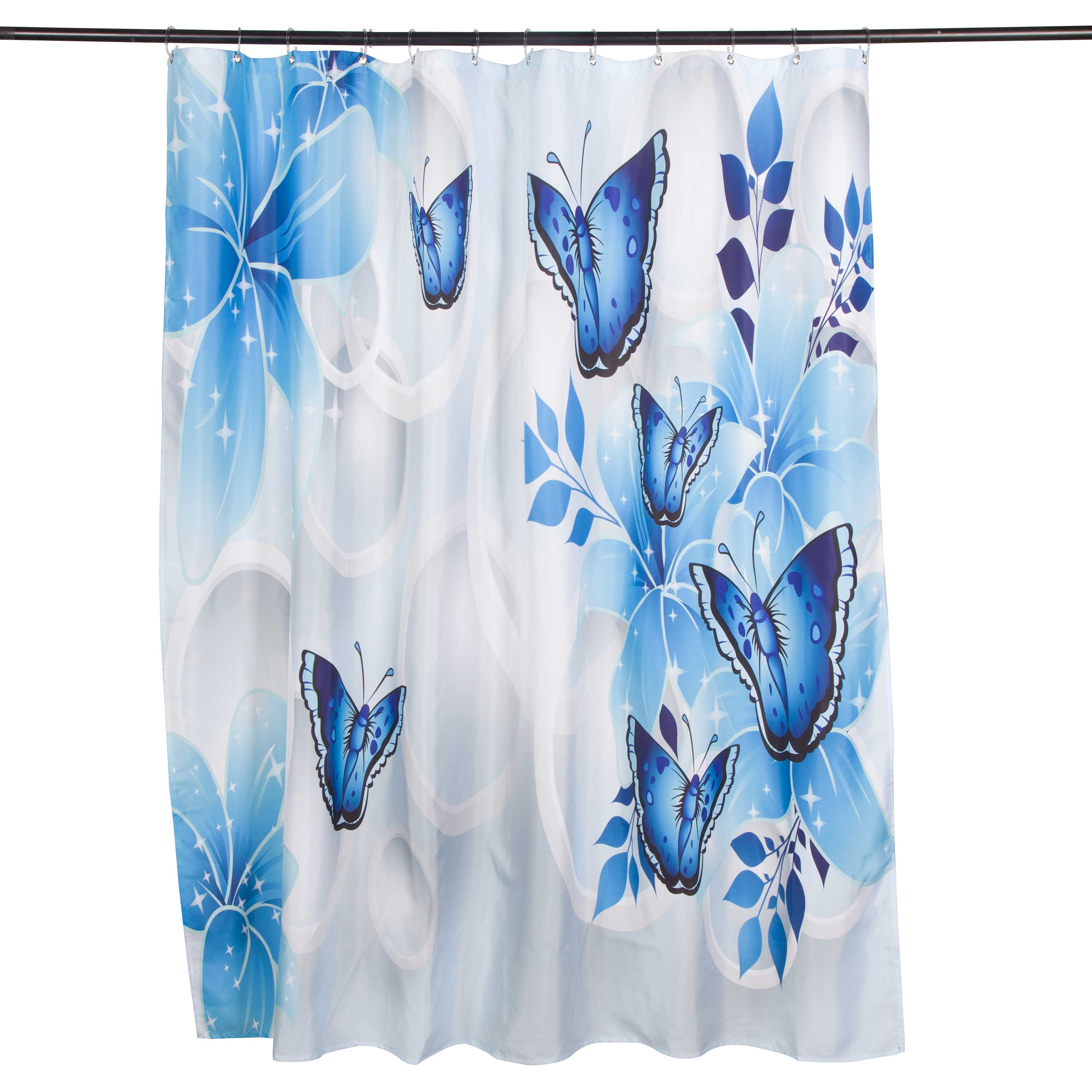 3D Butterflies and Flowers Printed Polyester Sky Blue Bathroom Shower Curtain