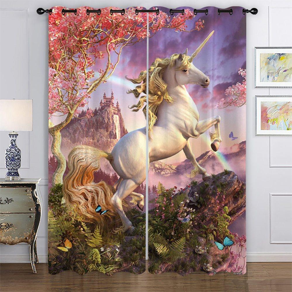 Creative Red 3D Printed Blackout Curtains Unicorn Custom 2 Panels Drapes for Living Room Bedroom Decoration No Pilling No Fading No off-lining Heat insulation Sun Protection Waterproof Polyester