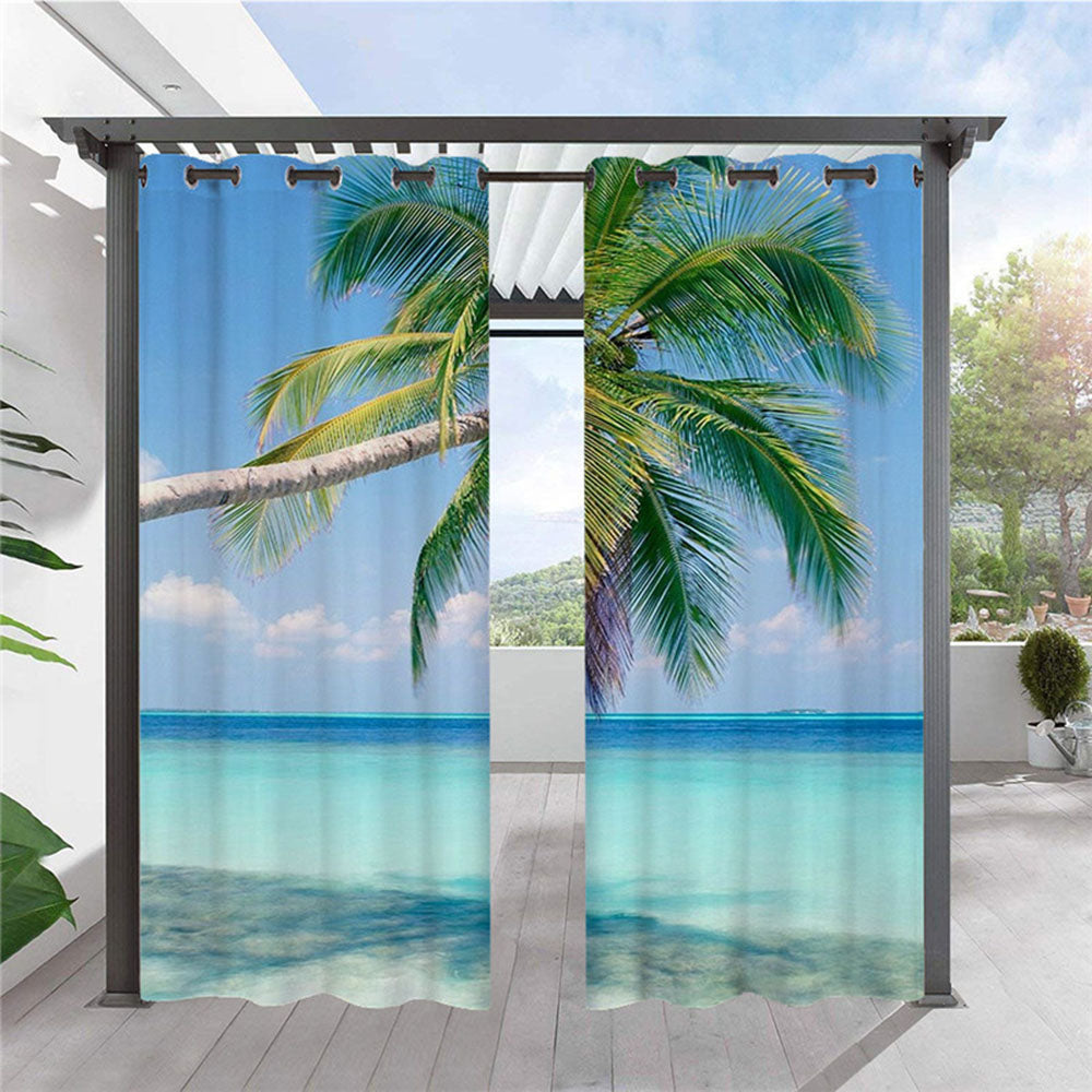 Modern 3D Printed Outdoor Curtains Sea Scenery Coconut Tree Cabana Grommet Top Curtain Waterproof Sun-proof Heat-insulating 2 Panels