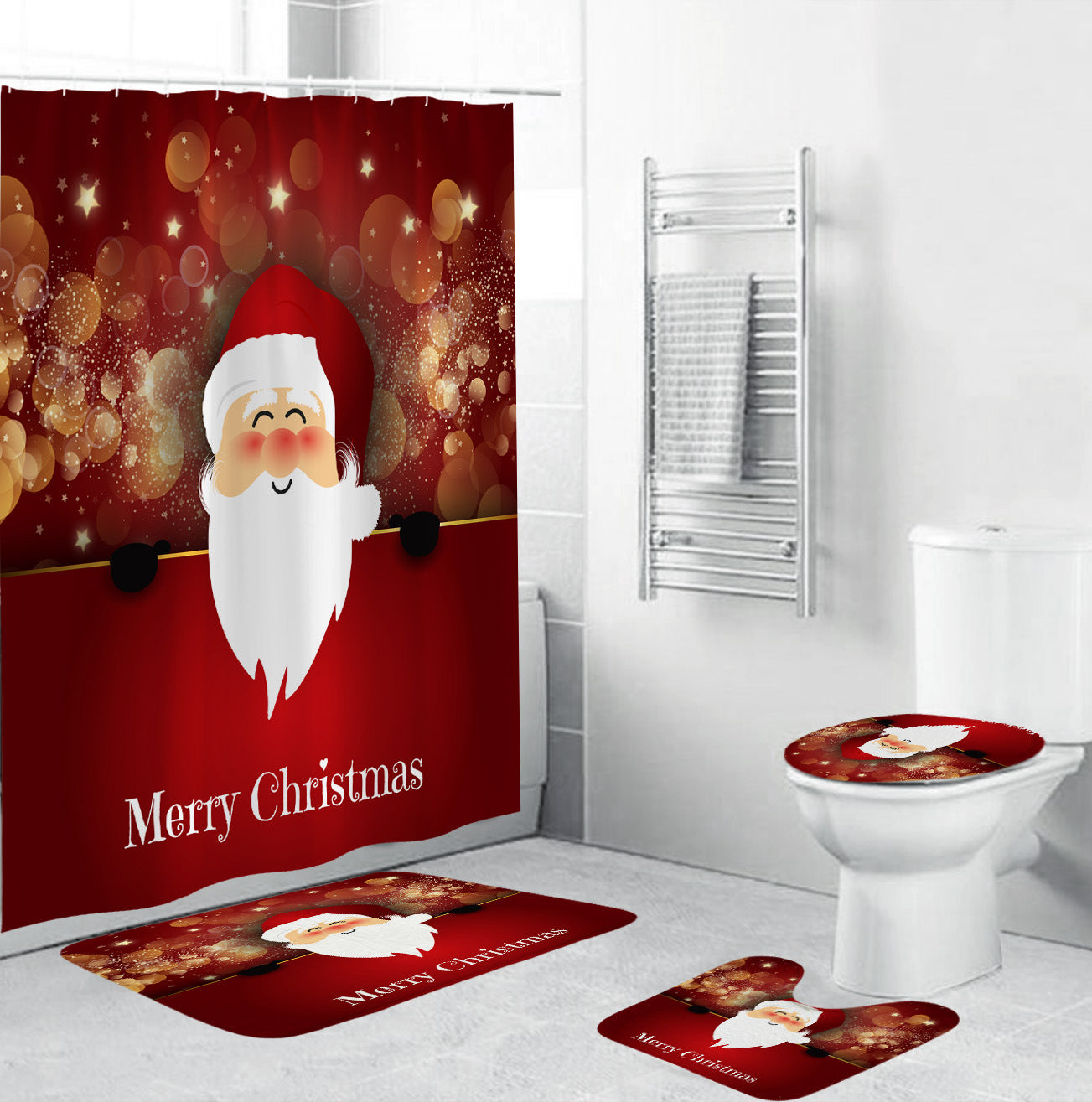 3D Christmas Shower Curtains Set Santa Claus for Bathroom Christmas Theme Shower Curtain