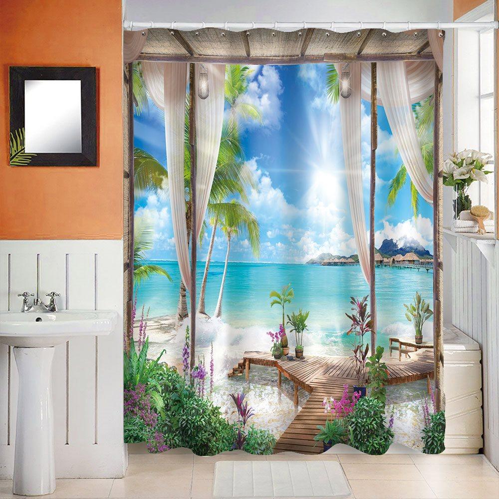 Blue 3D Printed Landscape Shower Curtain Waterproof and Mildewproof Polyester