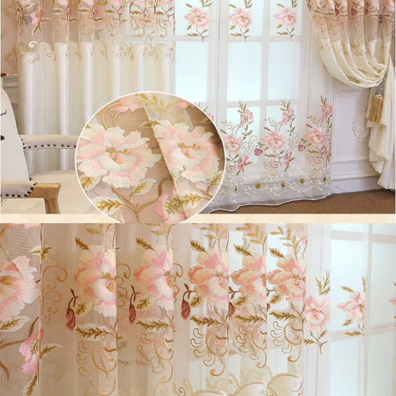 Beige Organza with Embroidered Pink Peach Flowers Romantic and Elegant Window Sheer Drapes