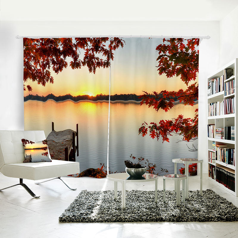 3D Print Red Maple Leaves Lake Curtains Polyester Curtains for Living Room Bedroom No Pilling No Fading No off-lining