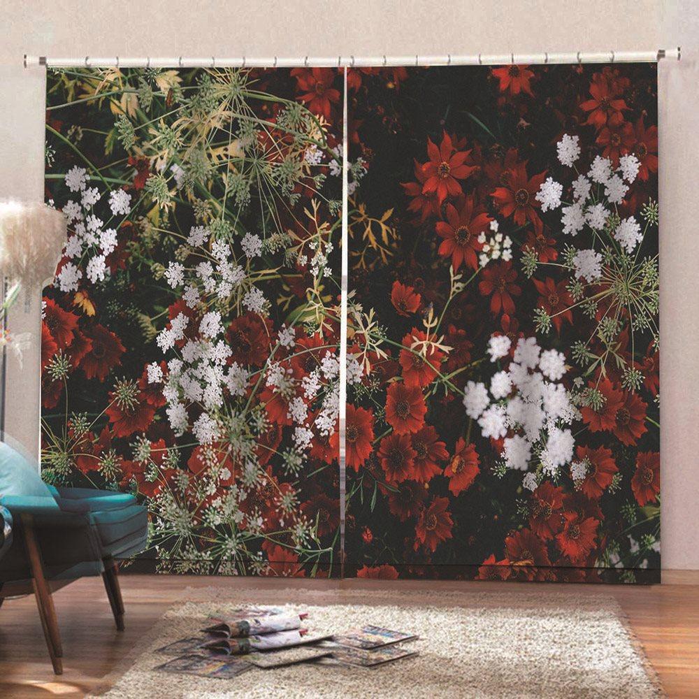 Black 3D Floral Curtains Red and White Flower 2 Panels Drapes for Living Room Bedroom Decoration No Pilling No Fading No off-lining Polyester