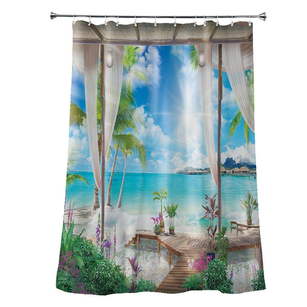 Blue 3D Printed Landscape Shower Curtain Waterproof and Mildewproof Polyester