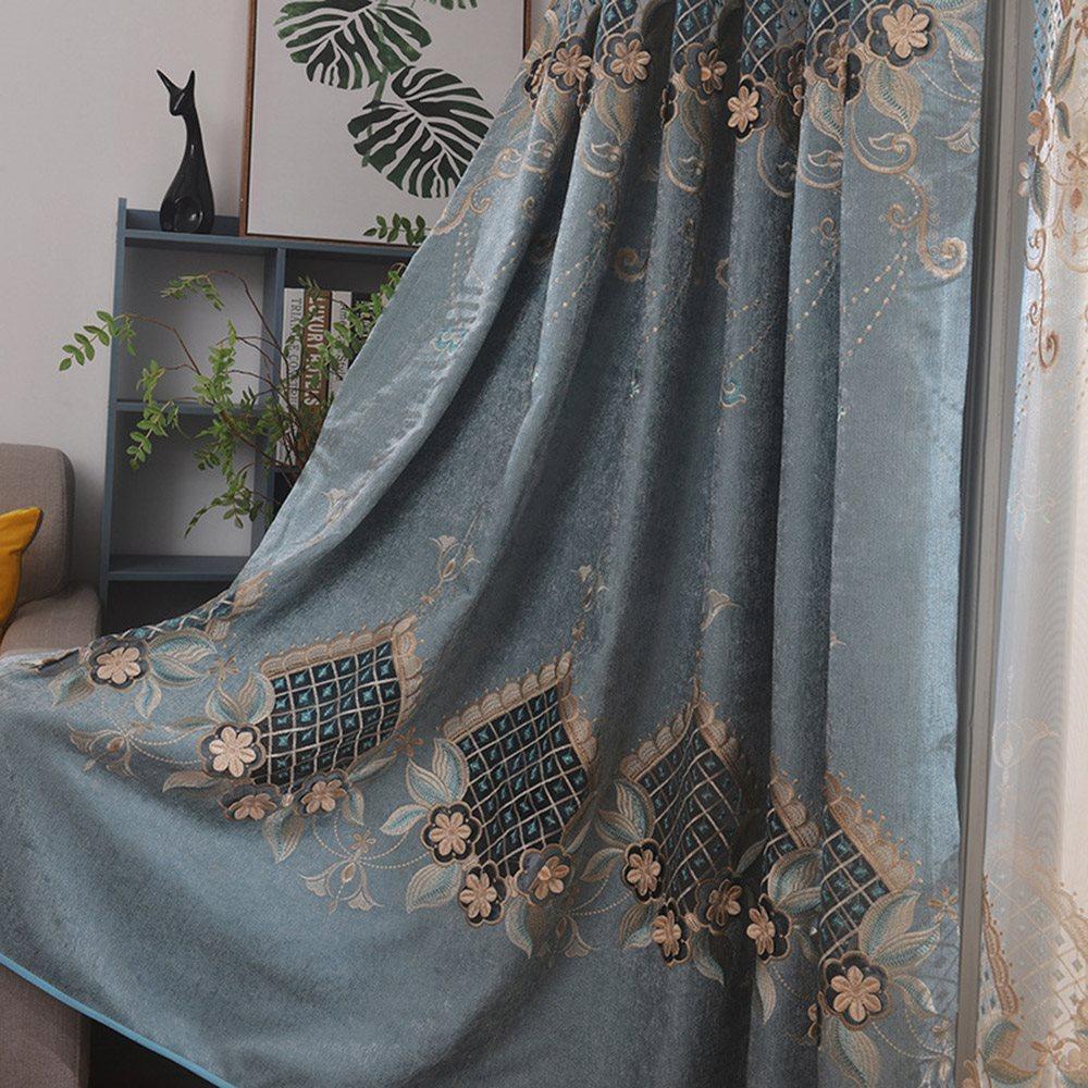 Blue Floral Embroidery Sheer Blackout Curtains Elegant Shading Curtains Chenille Hollow-out Blackout Curtains for Living Room Bedroo Decoration Custom 2 Panels Drapes