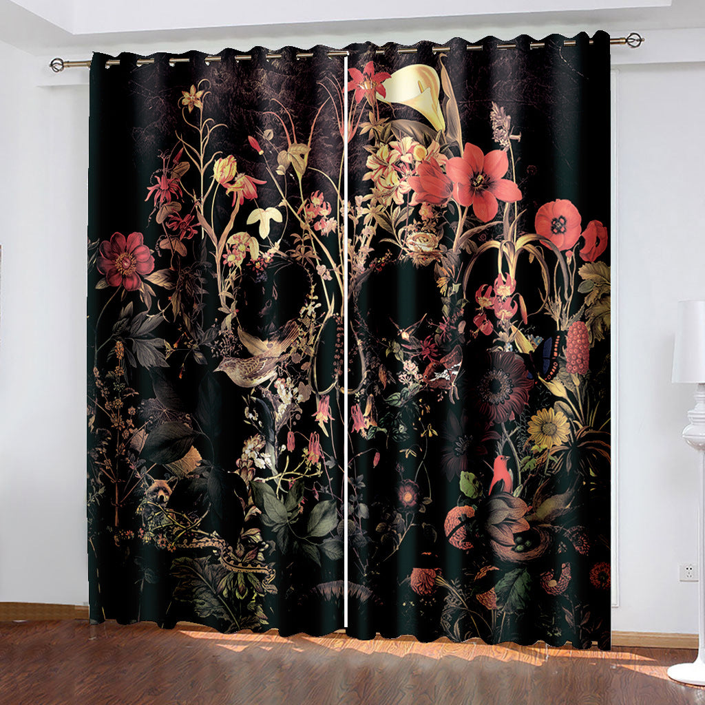 3D Printed Curtains Skull and Flower Blackout Decoration Window Shading Curtain Custom 2 Panels Drapes