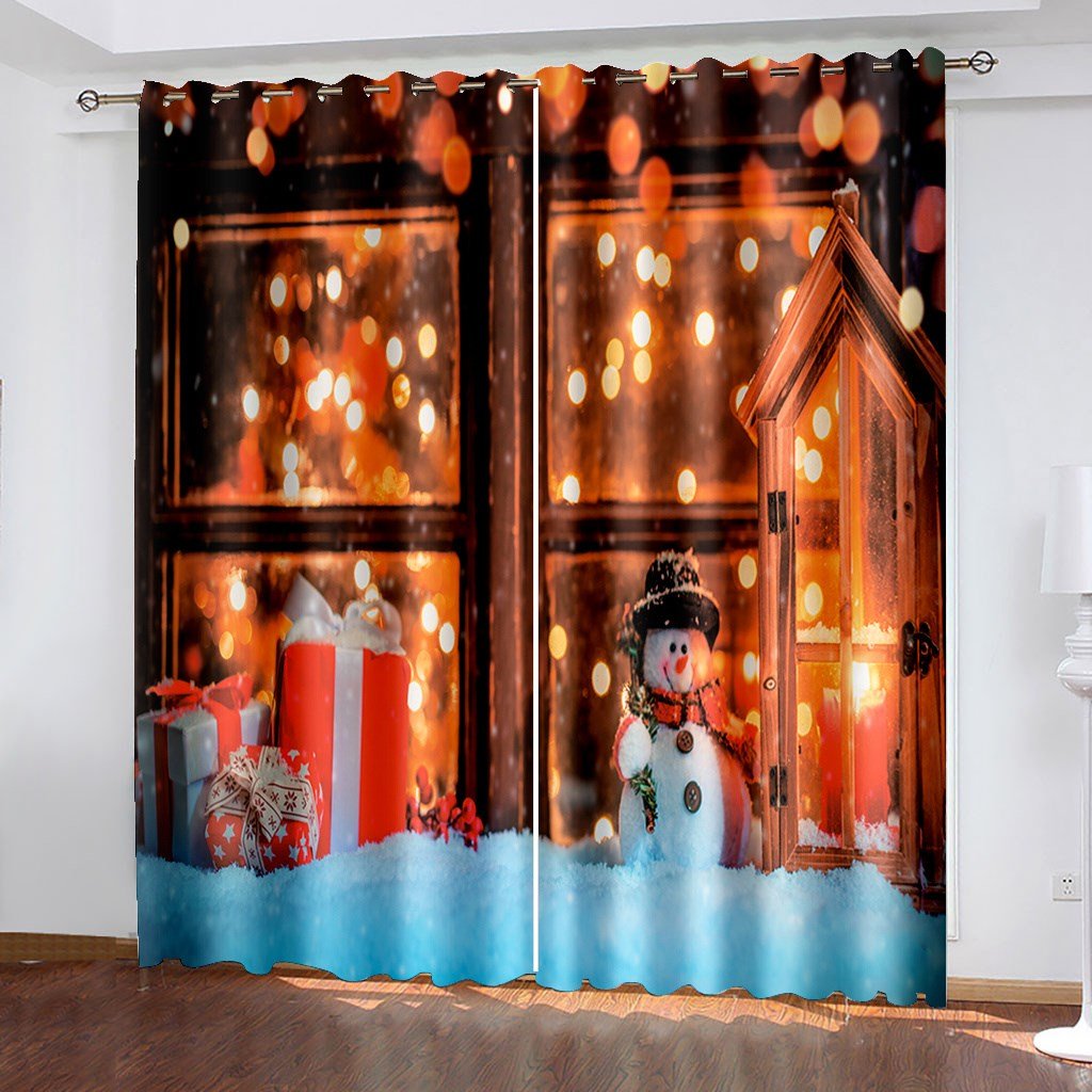 Christmas 3D Blackout Curtains Gift Snowman outside window Sweet Xmas Print Curtains for Living Room Bedroom Window Drapes 2 Panel Set