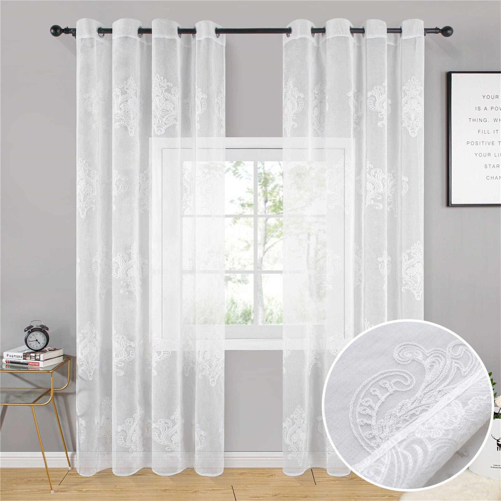 Simple Style Tulle White Coffee Embroidery Sheer Curtains for Living Room Bedroom Decoration Custom 2 Panels Breathable Voile Drapes