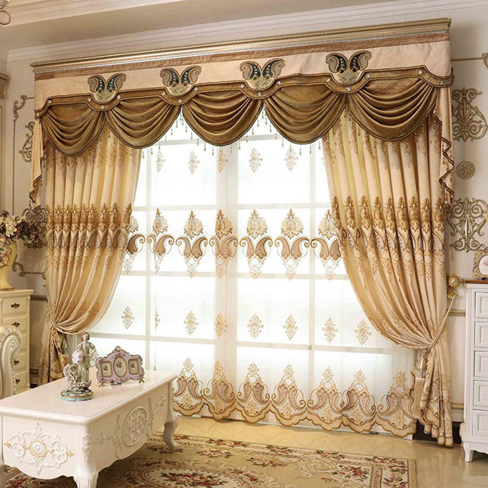 Luxury Elegant Embroidered Shading Curtains Sheer Yellow Blackout Curtain for Living Room Bedroom Custom 2 Panels Drapes