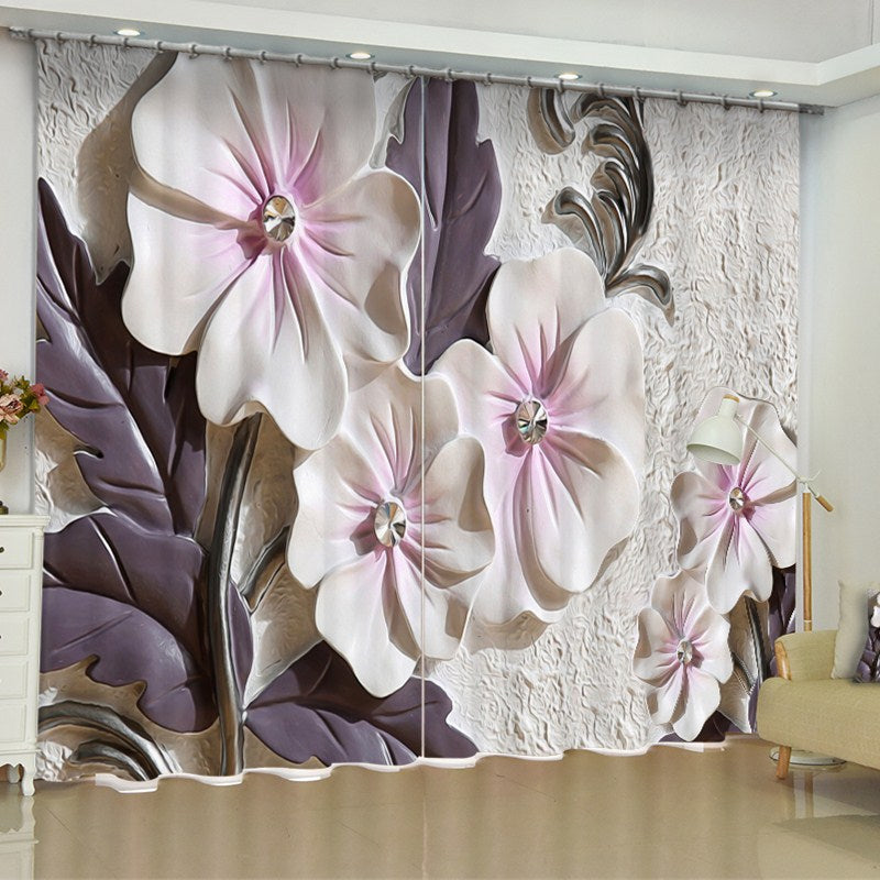 Artificial Elegant Beige Flowers Printed Custom Living Room 3D Curtain