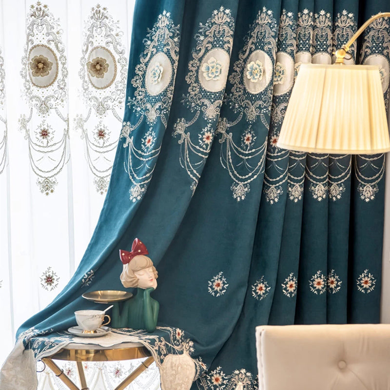 Chenille Elegant Blackout Curtains High Quality Blue European Relief Embroidery Window Curtains Sheer for Living Room Bedroom Custom Set of 2 Panels