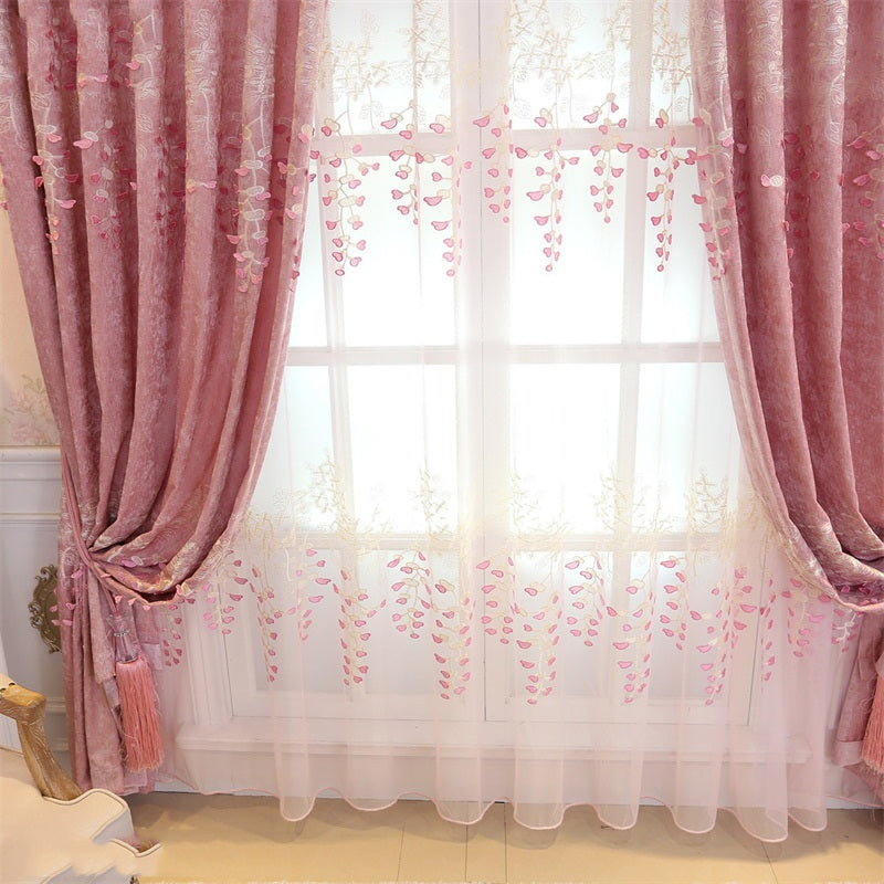 Romantic Pink Color Pastoral Style Embroidered Shading Curtain and Sheer for Bedroom Living Room Finished Product Shading Cloth