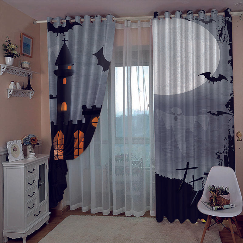 Halloween Castle 3D Printed Blackout Decoration Window Curtains Custom 2 Panels Drapes No Pilling No Fading No off-lining