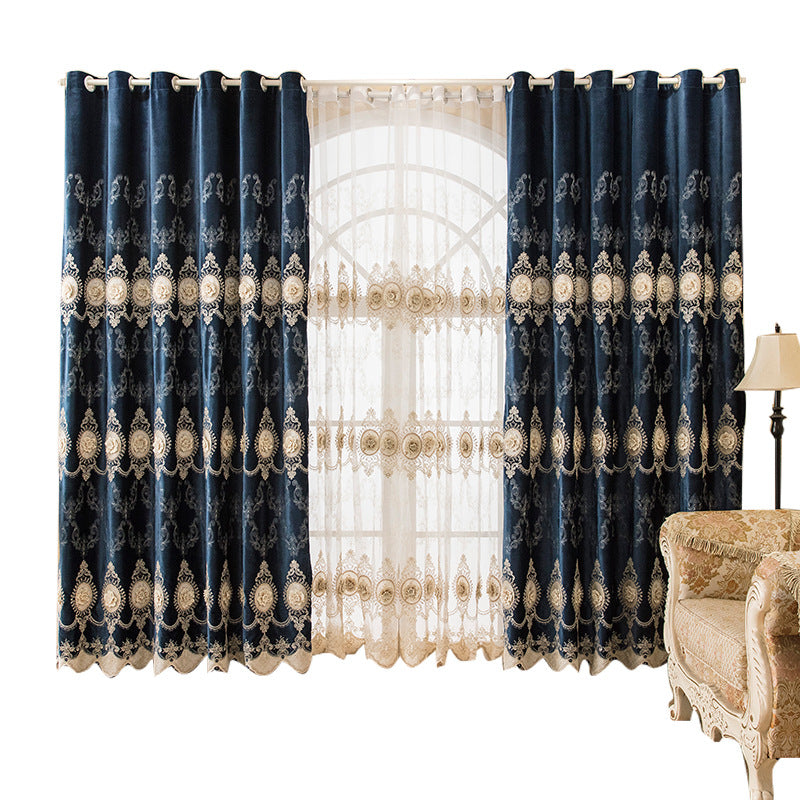 Blackout Curtains European Chenille Thicken Blue Window Curtains Embossed Embroidery Shading Curtains Sheer for Living Room Bedroom Decoration Custom 2 Panels Drapes