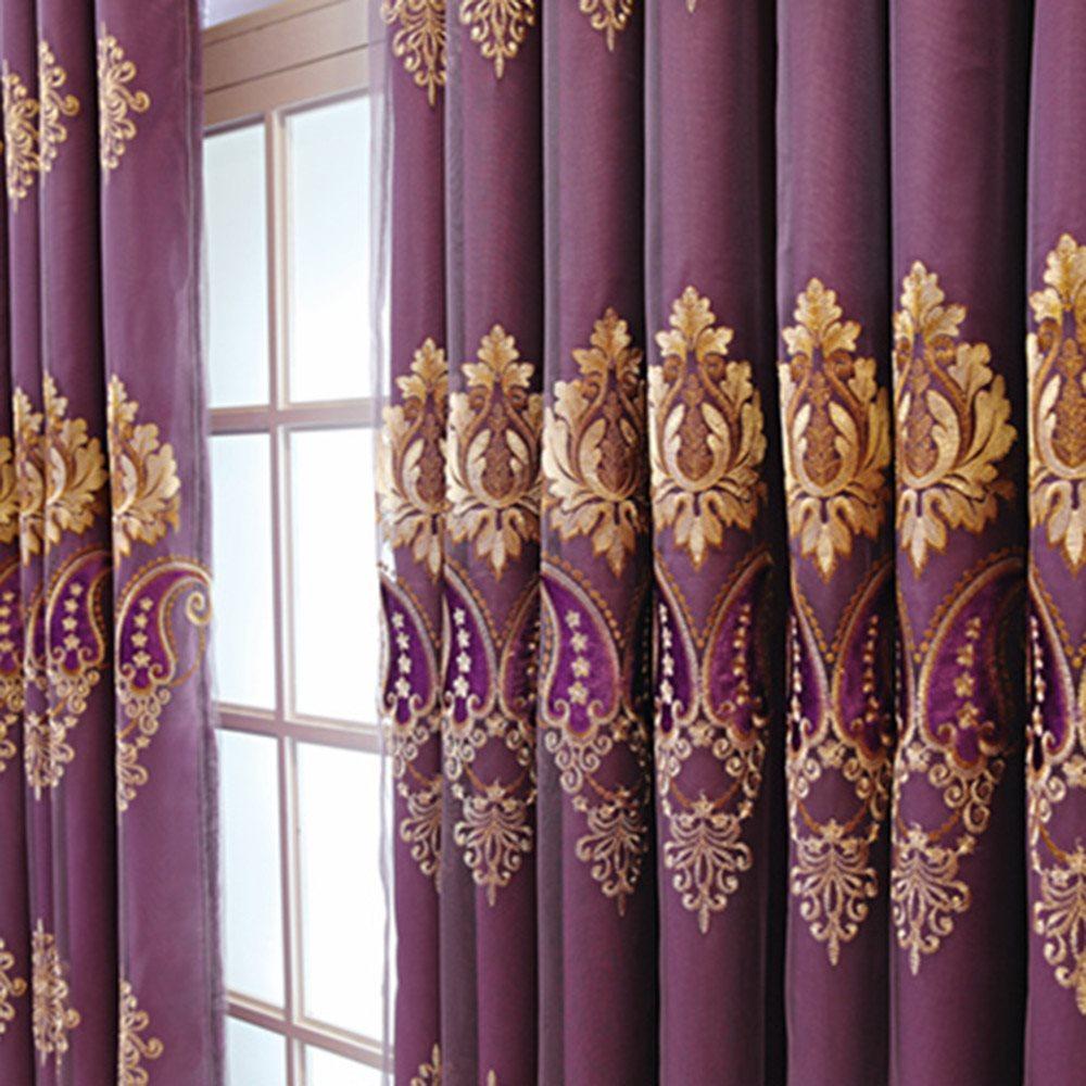 Purple European Double Embroidered Curtain Sets Sheer and Lining Blackout Curtains for Living Room Bedroom Decoration No Pilling No Fading No off-lining