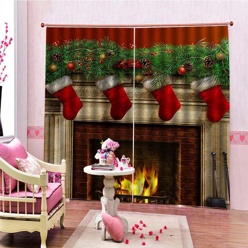 3D Christmas Stockings and Fireplace Print Blackout Decorative Curtains for Living Room Bedroom