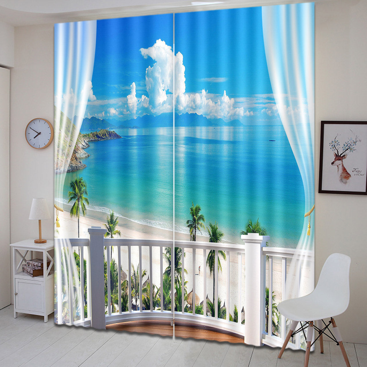 3D Printed Beach with White Clouds and Coconut Trees Scenery Custom Living Room Curtain