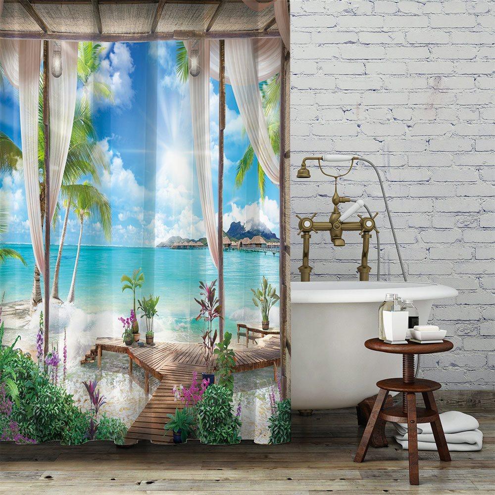 Blue 3D Printed Landscape Shower Curtain Waterproof and Mildewproof Polyester