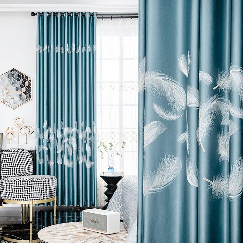 Blackout Curtains Modern Style Feather Pattern Shading Curtains Blue for Living Room Bedroom Window Decoration Custom 2 Panels Drapes Chenille