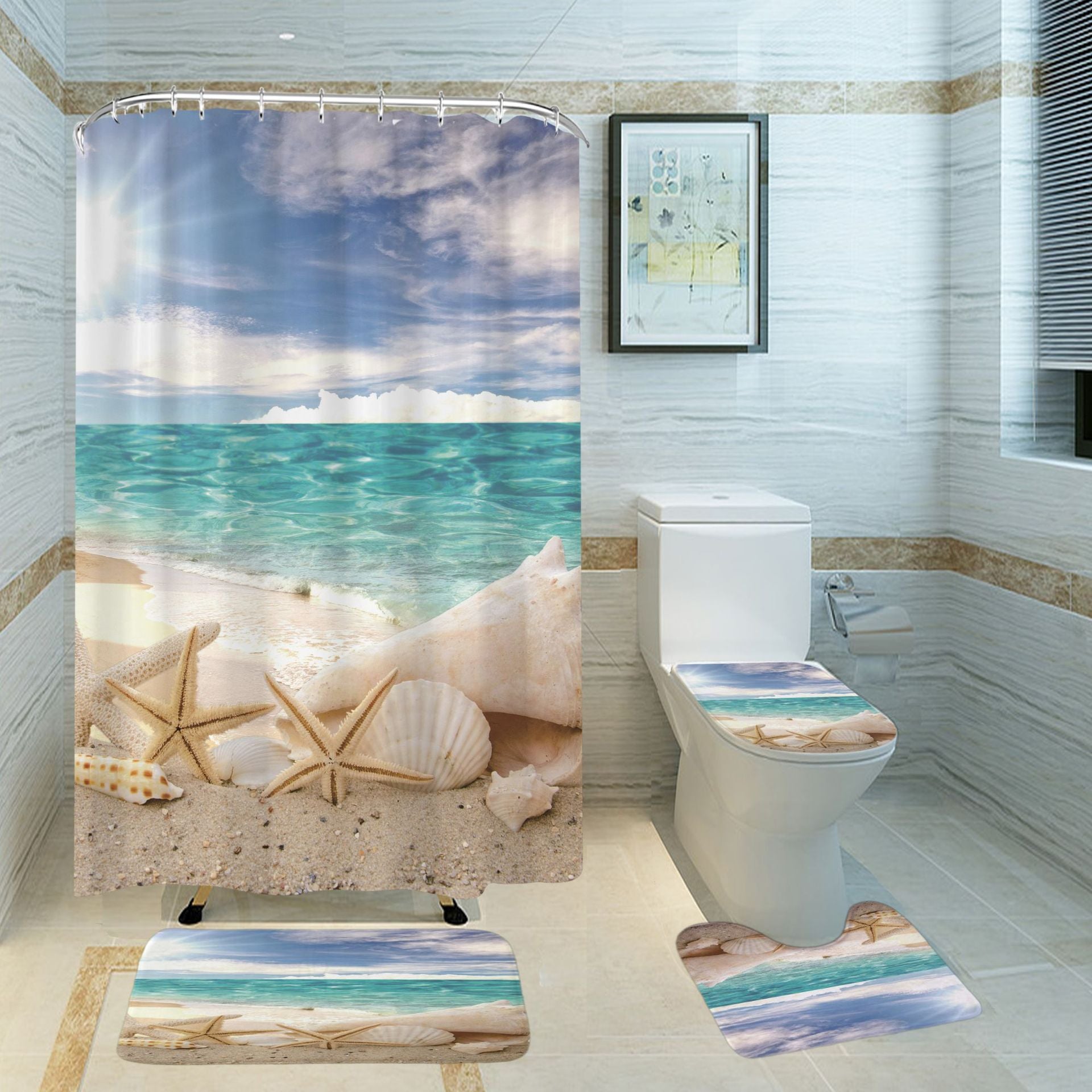 Beach and Starfish 3D Shower Curtain Bathroom Partition Curtain Set Durable Waterproof Mildew Proof Polyester