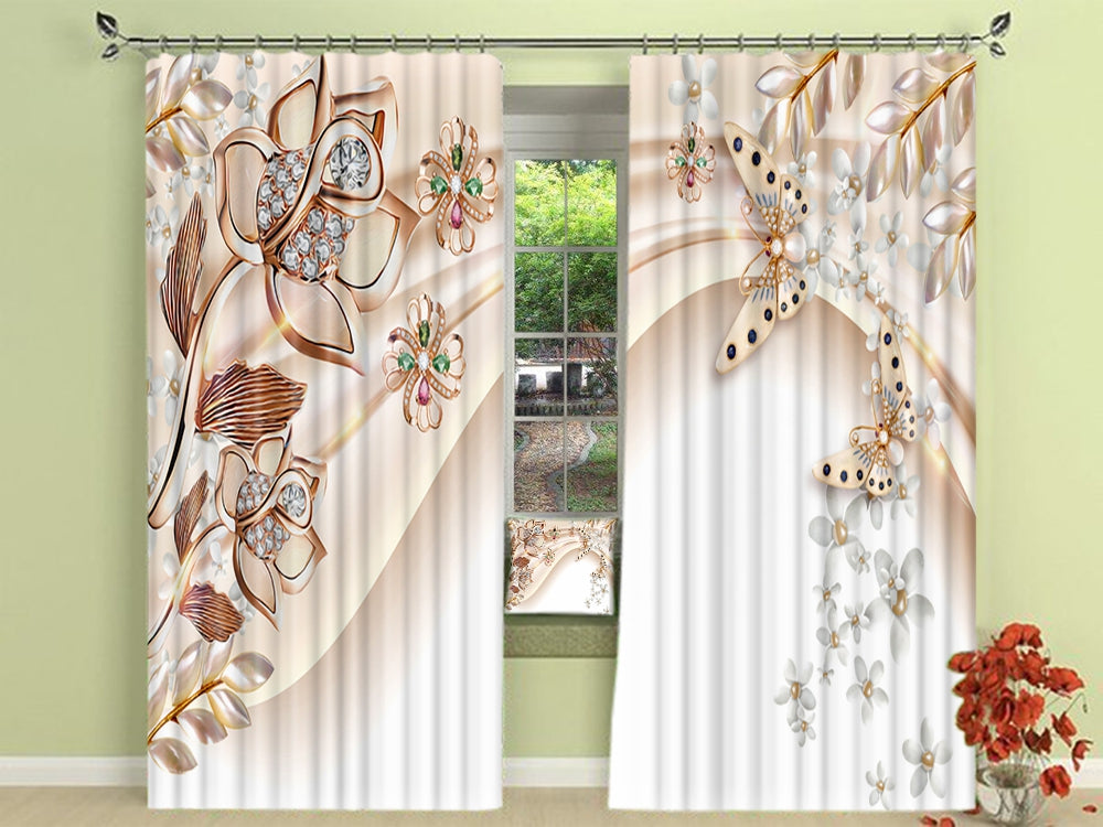 3D Bright Crystal Flowers and Butterflies Printed 2 Panels Living Room Window Curtain