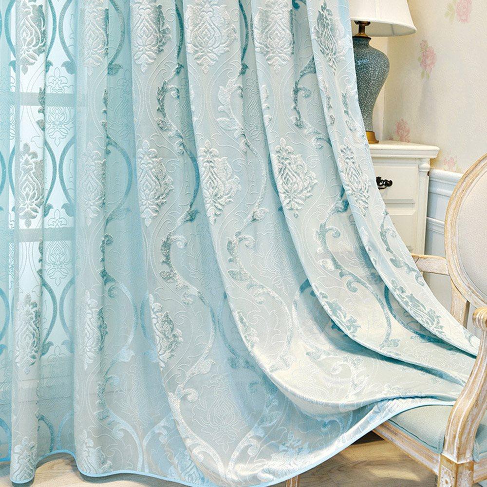 European High-end Sky Blue Embossed Sheer Curtains for Living Room Bedroom Custom 2 Panels Breathable Voile Drapes No Pilling No Fading No off-lining Polyester