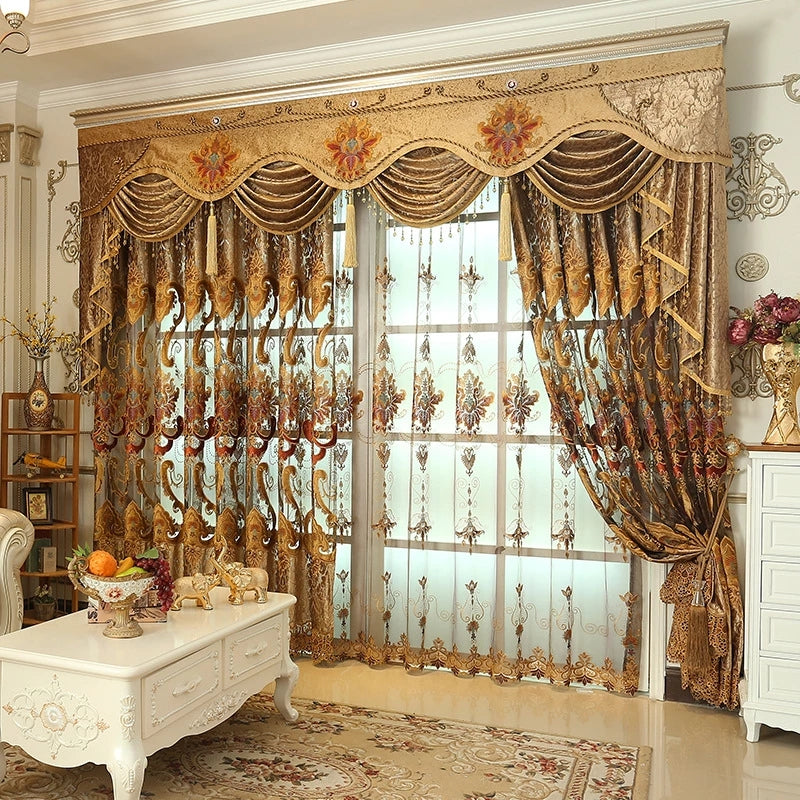 European Luxury Chenille Blackout Curtains Hollowed-out Grommet Window Shading Curtain Sheer Valance for Bedroom Living Room Custom 2 Panels Drapes Decoration