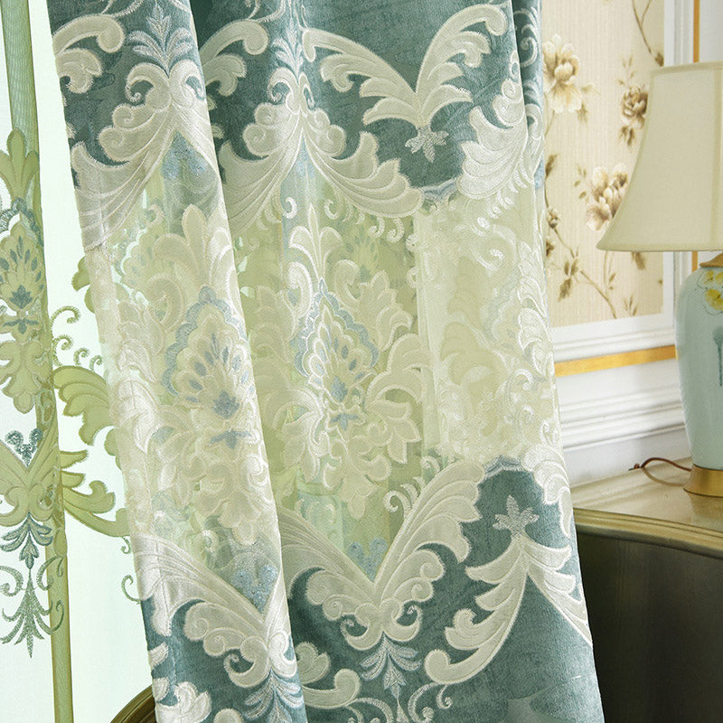 Noble Luxuriant Blue Green Chenille Embroidered Blackout Custom Grommet Curtains and Sheer