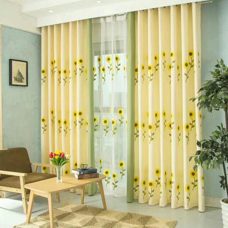 Decoration Polyester Embroidery Bright Sunflowers Sweet Style Sheer Lining Curtain Set