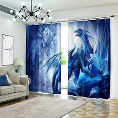 3D Dragon and Elves Cartoon Blue Curtain Bathroom Blackout