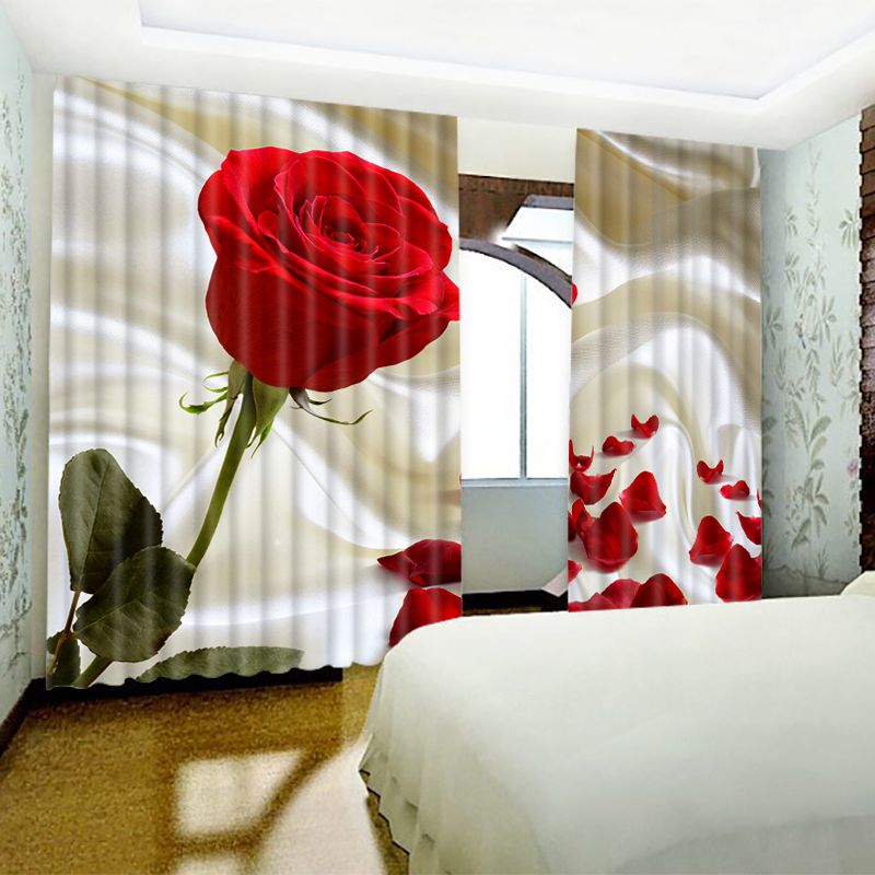 Bright Red Roses Printed Custom Polyester Blackout Curtain for Living Room