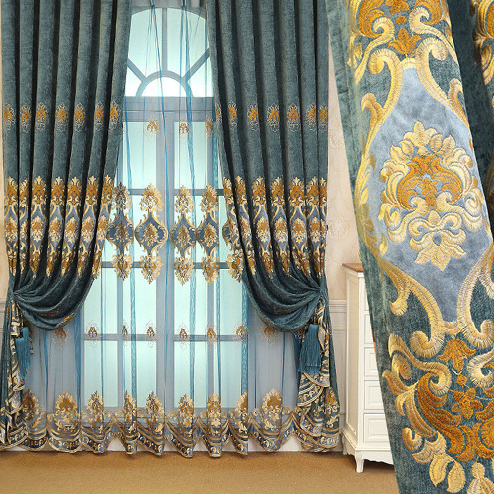 European Floral Embroidery Blackout Curtains Chenille Grommet Shading Curtains Sheer Decor Custom 2 Panels Drapes for Living Room Bedroom